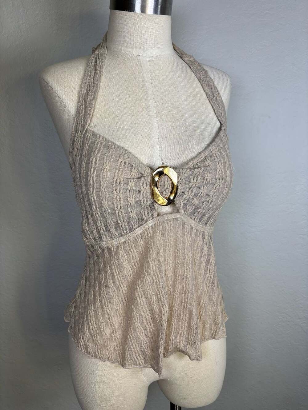 ZAFUL Beige Lace Halter Tank Top with Gold O-Ring Ring Detail Size L